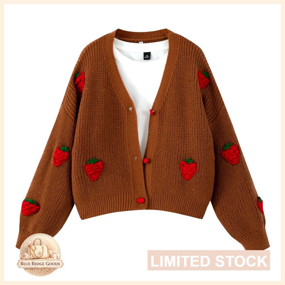 Strawberry Embroidered Cardigan Long Sleeve V Neck Chunky Knitted Tops
